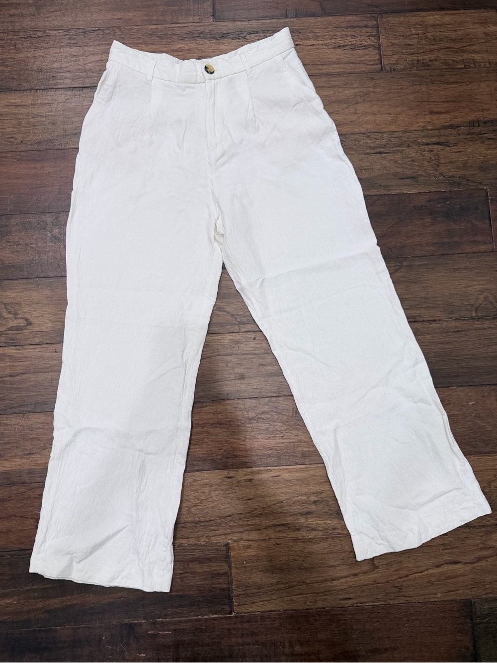 Zara Linen Blend Wide Leg Crop Pants Ivory High Rise Pull On Size M